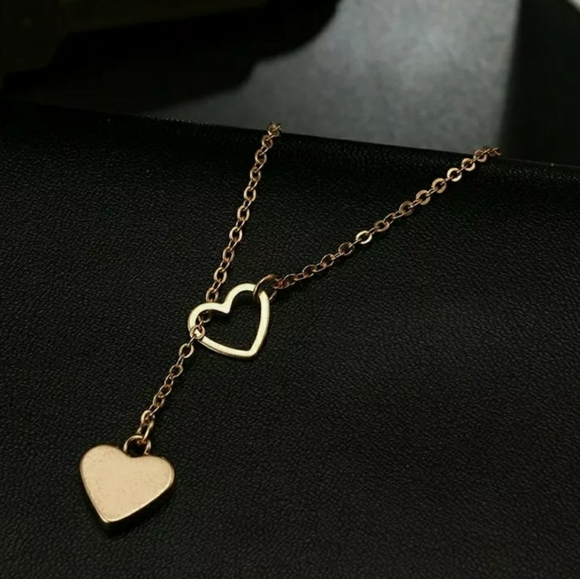 DOUBLE HEART GOLD DROP NECKLACE - Picture 2 of 3